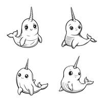 Cute Narwhal illustration - Narwhal Outline Design Bundle vector