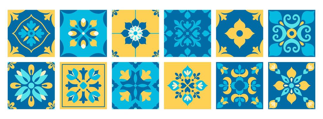 Mediterranean azulejo pattern and background. Italian, Portuguese, Spanish, Greek azulejo tiles. Blue and yellow abstract geometric mosaic. illustration.