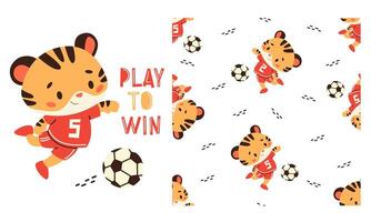 A set of prints for printing on children's products. Seamless pattern on white background on sports theme. Cute tiger playing soccer. Prints in children's style vector