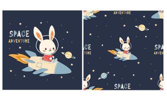Set of illustrations for printing on children's products. Cute bunny flying on a rocket in space, space adventure caption. Seamless pattern vector