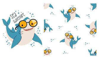 Collection of prints for printing on children's products. Cute shark with goggles and sea adventure lettering. Seamless pattern vector