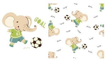 A set of prints for printing on children's products. Seamless pattern on white background on sports theme. Cute elephant playing soccer. Prints in children's style vector
