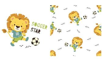 A set of prints for printing on children's products. Seamless pattern on white background on sports theme. Cute lion playing soccer. Prints in children's style vector