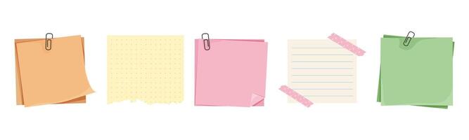 Memo notes, paper for note with clip, postit. Planner notebook page. Idea list. Post note sticker. Quote frame, reminder. vector