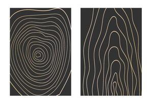Golden thin line tree ring collection. Elegant gold wooden section texture circle. Topography map geographic grid contour. Wood stump timber. vector