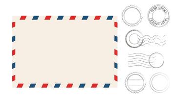 Airmail blank postcard template retro border envelope with stripes stamps set. Paper texture, vintage mail. Air post letter. Blank envelope vector