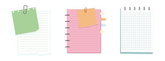 Memo notes, paper for note with clip, postit. Planner notebook page. Idea list. Post note sticker. Quote frame, reminder. vector