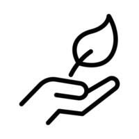 Black outline icon of a hand holding a leaf. Represents eco-friendly concepts, sustainability, and environmental care in a simple, minimalist style. Editable stroke. vector