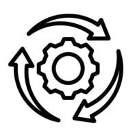 Gear with surrounding arrows icon in black outline. Illustration representing process, workflow, or system update. Editable stroke. vector