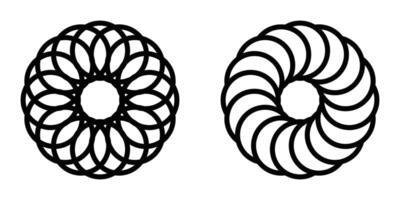 Two circular geometric patterns in black outline, showcasing intricate, modern designs for abstract or decorative use. Editable stroke. vector