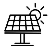 Simple black outline icon of a solar panel with sunlight, representing renewable energy and sustainability in a minimalistic design. Editable stroke. vector