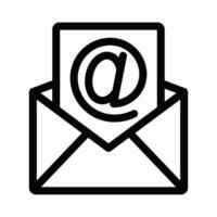 Black outline icon of an envelope with an email symbol, representing email communication, messaging, and internet services. Editable stroke. vector