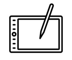 Black outline icon of a digital drawing tablet with a stylus. Represents digital art, design, or creativity. Editable stroke. vector