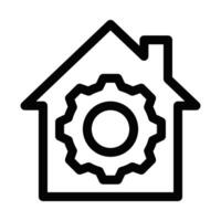 Black outline icon of a house with a gear inside, symbolizing home automation, settings, and technical systems in a minimalist style. Editable stroke. vector