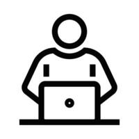 Black outline icon of a person using a laptop. Represents remote work, technology, or online learning. Editable stroke. vector