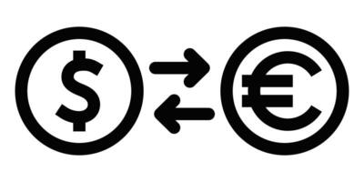 Black outline icon of dollar and euro symbols with arrows, representing currency exchange and international financial transactions. Editable stroke. vector