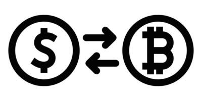 Black outline icon of dollar and bitcoin symbols with arrows, representing cryptocurrency exchange and digital financial systems. Editable stroke. vector