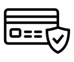Black outline icon of a credit card with a shield and checkmark, representing secure transactions and financial protection. Editable stroke. vector