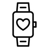 Smartwatch icon featuring a heart symbol in black outline. Illustration representing fitness, health tracking, or heart rate monitoring. Editable stroke. vector