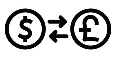 Black outline icon of dollar and pound symbols with arrows, representing currency exchange between major global economies. Editable stroke. vector
