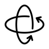 Black outline icon of two arrows circling around a spherical shape. Represents rotation, global movement, or 3D navigation. Editable stroke. vector