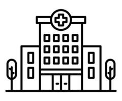 Black outline icon of a hospital building with a cross symbol. Represents healthcare, medical services, or hospital facilities. Editable stroke. vector
