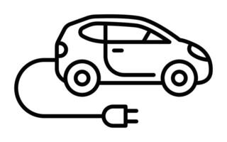Black outline icon of an electric car with a charging plug. Represents electric vehicles, eco-friendly transportation, and renewable energy. Editable stroke. vector
