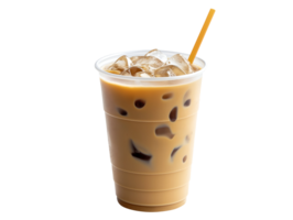 clear plastic iced coffee cup with straw filled with ice cubes on isolated background, refreshing cold beverage in to-go cup, png