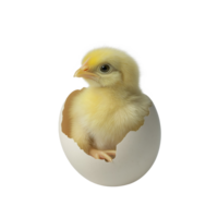 close-up of a newborn yellow chicken partially emerging from a cracked egg on isolated background, png