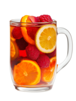 fruit-infused tea with vibrant red and orange hues in a glass mug with floating lemon and berries on isolated background png