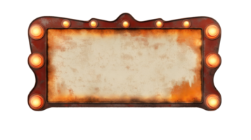 vintage illuminated billboard sign with glowing electric lamps and distressed texture on isolated background, retro-style marquee board for advertising and promotional use png