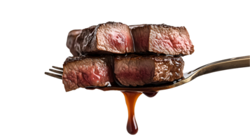 juicy medium-rare beef steak slices stacked on a fork, dripping rich meat juices on isolated background png
