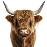 highland cow with long fur covering its face and large curved horns on isolated background png