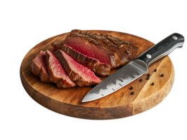 uomo affettare Manzo carne con un' acuto coltello su un' rustico di legno asse, medio-raro grigliato bistecca fette su isolato sfondo png