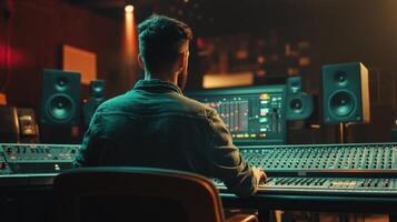 A man is sitting at a mixing desk in a recording studio photo