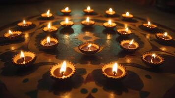 Diya lamps arranged in a circle on a tiled floor. photo