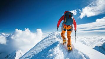 A mountaineer climbs to the summit of a snow covered mountain. Concept of achievement, success, and perseverance. photo