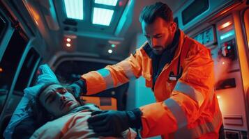 Paramedic examining patient in ambulance with neon lights. Concept of emergency, healthcare, rescue and medical service. photo