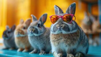 Group of rabbits wearing sunglasses, showcasing playful and whimsical character in a colorful setting photo