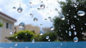 Rain drops on a window pane with blurred background. Abstract water drops texture. photo