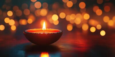 Lit Diya with Defocused Bokeh Lights in the Background. Concept of Festivity, Celebration, and Tradition photo