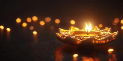 Decorative oil lamp with flame and bokeh lights. Concept of light, celebration, and spirituality photo