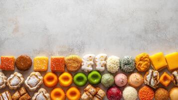 Assortment of colorful traditional sweets and candies. Top view with copy space. photo