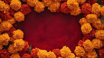 Marigold Flower Frame on Red Background with Copy Space photo