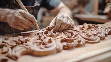 Close up of a carpenter's hands carving wood in a workshop. Traditional craft, handmade furniture, and woodworking concept. photo