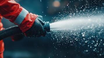 Firefighter Battling Blaze, Water Jet from Fire Hose, Concept of Heroism and Emergency Response photo