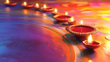 Diwali Festival of Lights celebration with illuminated diya lamps on colorful background photo