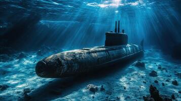 Underwater view of a mysterious sunken submarine on the ocean floor, illuminated by rays of sunlight. photo