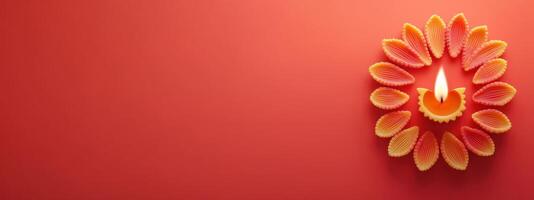 Diwali festival celebration background with Diya lamp on red color background. photo