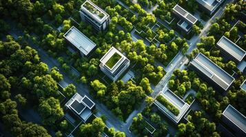 Sustainable urban development, Aerial view of a green city with abundant trees and modern buildings, showcasing eco friendly architecture and urban planning. photo